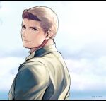  1boy collared_shirt ethan_winters from_behind light_brown_hair light_smile lips looking_at_viewer male_focus resident_evil resident_evil_6 shirt short_hair sideburns smile solo sunlight tarowo 