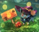  animal_focus artist_name basket black_eyes blurry bokeh candy clothed_pokemon commentary_request depth_of_field english_text fangs food full_body grass halloween halloween_bucket happy hat jpeg_artifacts ka_ei_volltis looking_to_the_side no_humans open_mouth outdoors partial_commentary phantump pokemon pokemon_(creature) pumpkaboo purple_headwear signature skull_necklace smile solo standing trick_or_treat twitter_username witch_hat zorua 