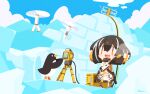  &gt;_&lt; 1girl :3 arknights arms_up bangs bird black_hair blush_stickers breath chibi cloud coat commentary_request day drone hair_between_eyes highres igloo magallan_(arknights) mask mask_around_neck multicolored_hair nuu_(nu-nyu) open_mouth orange_eyes outdoors penguin signature sky snow snow_shelter standing theodolite white_hair 