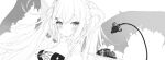  1girl :t absurdres bangs bare_shoulders blush breasts censored censored_food cleavage closed_mouth commentary demon_girl demon_horns demon_tail demon_wings detached_sleeves eyebrows_visible_through_hair greyscale hair_ornament hairclip highres holding holding_plate horns looking_at_viewer medium_breasts monochrome mosaic_censoring original plate pout puffy_sleeves simple_background solo tail tail_raised torn_wings white_background wings yuui_hutabakirage 