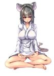  1girl :o absurdres animal_ears bangs bare_legs barefoot breasts cleavage covered_nipples female_pubic_hair full_body grey_hair grey_pubic_hair heart heart-shaped_pupils highres japanese_clothes kimono meditation mouse_ears mouse_girl mouse_tail nazrin no_panties pubic_hair red_eyes short_hair simple_background sitting solo symbol-shaped_pupils tail touhou white_background white_kimono yukito_(dreamrider) 