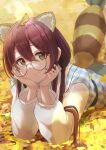  1girl absurdres animal_ear_fluff animal_ears bespectacled blurry blush bokeh depth_of_field ginkgo_leaf glasses hair_between_eyes hands_on_own_cheeks hands_on_own_face head_rest highres idolmaster idolmaster_shiny_colors leaf leaf_on_head long_sleeves looking_at_viewer lying marishiten_(mar1sh110) nail_polish on_stomach oosaki_tenka plaid plaid_shirt raccoon_ears raccoon_tail red_hair shirt smile solo tail twintails 