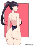  1girl absurdres ass back black_swimsuit breasts competition_swimsuit cropped_legs english_commentary from_behind hands_on_ass hands_on_own_ass highres huge_breasts komi-san_wa_komyushou_desu komi_shouko large_breasts long_hair looking_at_viewer looking_back one-piece_swimsuit one-piece_thong ponytail potatoartox purple_hair self_upload simple_background solo standing swimsuit thick_thighs thighs thong twitter_username 