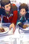  2boys :t black_hair blurry chewing cup curry depth_of_field drinking_glass eating echo_(circa) food gloves goggles green_eyes holding holding_spoon holding_tray ikoma_tatsuhito kazama_souya long_sleeves looking_at_another looking_to_the_side male_focus multiple_boys outstretched_arm red_eyes short_hair sitting spoon table tray uniform world_trigger 