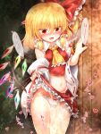  1girl after_sex ascot bangs bare_shoulders blonde_hair blush bow bow_panties breasts bush collar collared_shirt cosplay crystal cum cumdrip detached_sleeves eyebrows_visible_through_hair eyes_visible_through_hair fang flandre_scarlet frills hair_between_eyes hair_bow hair_ornament hair_tubes hakurei_reimu hakurei_reimu_(cosplay) hands_up heart highres japanese_clothes jewelry long_sleeves looking_at_viewer marukyuu_ameya medium_breasts miko miniskirt multicolored_wings navel no_hat no_headwear open_mouth panties pink_heart ponytail red_bow red_eyes red_heart red_nails red_shirt red_skirt shadow shirt short_hair skirt smile solo standing stomach sweat tongue touhou underwear wall white_panties white_sleeves wide_sleeves wings yellow_ascot 