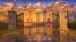  3d arsenixc artist_name blue_sky building cloud cloudy_sky commentary english_commentary gate highres house mansion mixed-language_commentary no_humans original pavement puddle reflection reflective_water scenery sky statue sunset window 