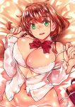  1girl bag bow bowtie bra breasts brown_hair chiha_(abo_ecm_mk25) cleavage cowboy_shot green_eyes highres large_breasts looking_at_viewer lying navel on_back open_clothes open_mouth open_shirt original panties plump red_bow school_bag shiny shiny_skin shirt short_hair side-tie_panties solo thighs underwear undressing untied untied_panties white_bra white_panties white_shirt 