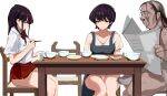  1boy 2girls absurdres apron bangs black_eyes black_hair bow bowtie breasts bulge chair chopsticks collared_shirt cum cup erection erection_under_clothes fat fat_man highres holding holding_chopsticks holding_newspaper komi-san_wa_komyushou_desu komi_shouko komi_shuuko large_breasts long_hair mamimi_(mamamimi) miniskirt multiple_girls newspaper old old_man panties penis plate pleated_skirt red_skirt shirt short_hair short_sleeves skirt table ugly_man underwear upskirt v-neck white_shirt 