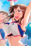  2girls :d armpits arms_up bangs blew_andwhite blue_sky blush bouncing_breasts breasts breasts_day brown_eyes brown_hair cheerleader closed_mouth commentary_request crop_top eyebrows_visible_through_hair hair_ornament hairclip highres large_breasts medium_breasts mochizuki_ai multiple_girls open_mouth original outdoors pom_pom_(cheerleading) signature sky smile solo_focus teeth thighhighs upper_body upper_teeth 