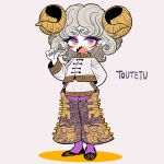  1girl arm_behind_back bone chaps character_name chinese_clothes crotchless crotchless_pants curly_hair earrings eyeshadow fingernails grey_hair horizontal_pupils horns jewelry makeup mandarin_collar open_mouth original pants pointy_ears purple_eyes rectangular_pupils sharp_fingernails sharp_teeth sheep_horns shorts slippers solo teeth thighhighs touhou toutetsu_yuuma yellow_horns yt_(wai-tei) 