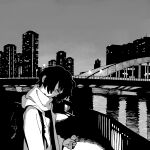  1girl backpack bag bridge building coat commentary greyscale hair_over_one_eye head_tilt highres looking_at_viewer monochrome muji_(uimss) night one_eye_covered original river scarf short_hair skyscraper solo upper_body water 