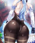  1girl ass ass_focus black_bodysuit black_gloves blue_hair bodysuit cowboy_shot curvy from_behind ganyu_(genshin_impact) genshin_impact gloves highres long_hair o22no patreon_username plump shiny shiny_clothes shiny_skin skin_tight solo standing white_sleeves 
