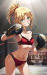  2girls bangs bare_shoulders blonde_hair boxing_gloves boxing_ring bra braid breasts collarbone commentary fate/apocrypha fate_(series) french_braid fujimaru_ritsuka_(female) green_eyes grin hair_ornament hair_scrunchie highres jewelry long_hair looking_at_viewer mordred_(fate) mordred_(fate/apocrypha) multiple_girls necklace orange_hair panties parted_bangs ponytail red_bra red_panties riyo_(lyomsnpmp)_(style) scrunchie short_hair sidelocks small_breasts smile thighs tonee underwear underwear_only 