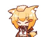  1girl animal_ears arknights bandaged_arm bandages bangs black_gloves blonde_hair blush cape chibi closed_eyes closed_mouth ear_piercing fang fang_necklace fingerless_gloves fox_ears fox_girl fox_tail gloves hair_ornament hairclip headpat hood hood_down hooded_cape jewelry notched_ear nuu_(nu-nyu) piercing shirt simple_background skin_fang solo_focus tail vermeil_(arknights) white_background white_shirt 