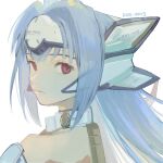  1girl android bangs blue_hair character_name closed_mouth from_behind fujie-yz head_tilt headgear highres kos-mos long_hair looking_at_viewer portrait red_eyes sidelocks simple_background solo white_background xenosaga 