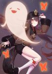  1girl black_shorts blush brown_hair bug butterfly chinese_clothes genshin_impact ghost hat hat_tip hu_tao_(genshin_impact) jewelry long_sleeves looking_at_viewer red_eyes ring shorts socks solo star-shaped_pupils star_(symbol) symbol-shaped_pupils tailcoat top_hat twintails uni_(wzzm4375) wide_sleeves 