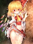  1girl after_sex ascot bangs bare_shoulders blonde_hair blush bow bow_panties breasts bush closed_mouth collar collared_shirt cosplay crystal cum cumdrip detached_sleeves eyebrows_visible_through_hair eyes_visible_through_hair fang flandre_scarlet frills hair_between_eyes hair_bow hair_ornament hair_tubes hakurei_reimu hakurei_reimu_(cosplay) hands_up heart highres japanese_clothes jewelry long_sleeves looking_at_viewer marukyuu_ameya medium_breasts miko miniskirt multicolored_wings navel no_hat no_headwear panties pink_heart ponytail red_bow red_eyes red_heart red_nails red_shirt red_skirt shadow shirt short_hair skirt smile solo standing stomach sweat touhou underwear wall white_panties white_sleeves wide_sleeves wings yellow_ascot 