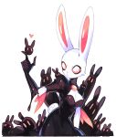  1girl animal_ears black_dress black_gloves breasts cleavage colored_sclera creature dress firebay furry furry_female gloves hand_up heart highres index_finger_raised medium_breasts original pink_sclera puffy_short_sleeves puffy_sleeves rabbit_ears rabbit_girl rabbit_tail short_sleeves simple_background symbol-only_commentary tail white_background white_eyes 