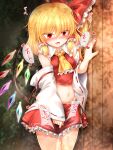  1girl after_sex ascot bangs bare_shoulders blonde_hair blush bow breasts bush collar collared_shirt cosplay crystal cum cumdrip detached_sleeves eyebrows_visible_through_hair eyes_visible_through_hair fang flandre_scarlet frills hair_between_eyes hair_bow hair_ornament hair_tubes hakurei_reimu hakurei_reimu_(cosplay) hand_up heart highres japanese_clothes jewelry long_sleeves looking_to_the_side marukyuu_ameya medium_breasts miko miniskirt multicolored_wings navel no_hat no_headwear open_mouth pink_heart ponytail red_bow red_eyes red_heart red_nails red_shirt red_skirt shadow shirt short_hair skirt solo standing stomach sweat tongue touhou wall white_sleeves wide_sleeves wings yellow_ascot 