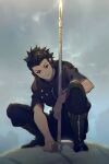  1boy black_eyes black_hair boots cloud cloudy_sky echo_(circa) hair_slicked_back headphones holding holding_polearm holding_weapon looking_at_viewer male_focus pants polearm short_hair short_sleeves sky smile solo spear squatting torion_hei uniform weapon world_trigger yoneya_yousuke 