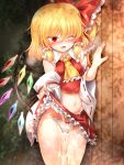  1girl after_sex ascot bangs bare_shoulders blonde_hair blush bow bow_panties breasts bush collar collared_shirt cosplay crystal cum cumdrip detached_sleeves eyebrows_visible_through_hair eyes_visible_through_hair fang flandre_scarlet frills hair_between_eyes hair_bow hair_ornament hair_tubes hakurei_reimu hakurei_reimu_(cosplay) hands_up highres japanese_clothes jewelry long_sleeves looking_to_the_side marukyuu_ameya medium_breasts miko miniskirt multicolored_wings navel no_hat no_headwear one_eye_closed open_mouth panties ponytail red_bow red_eyes red_nails red_shirt red_skirt shadow shirt short_hair skirt solo standing stomach sweat tongue touhou underwear wall white_panties white_sleeves wide_sleeves wings yellow_ascot 