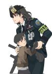  1boy 1girl bangs beret black_eyes black_hair black_headwear black_necktie black_pants brown_jacket child closed_mouth glock_17 green_jacket green_pants gun handgun hat holding holding_gun holding_weapon hug id_card jacket korean_text long_sleeves looking_at_viewer medium_hair military military_uniform necktie original pants perfect_han pistol police polo_shirt protecting republic_of_korea_army ribbon_bar shirt simple_background submachine_gun uniform weapon white_background white_shirt 