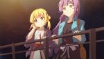  2girls bag bangs blonde_hair brown_eyes clip_studio_paint_(medium) collared_shirt girlish_number hand_on_own_cheek hand_on_own_face hand_on_railing japanese_clothes kimono long_hair multiple_girls night outdoors purple_hair railing shibasaki_kazuha shirt shoulder_bag side-by-side sonou_momoka tomato_(lsj44867) yukata 