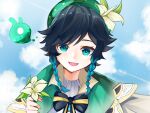  1boy androgynous bangs beret black_hair blue_hair bow braid brooch cloud cloudy_sky collared_cape collared_shirt day flower gem genshin_impact gradient_hair green_eyes green_headwear hat hat_flower highres holding holding_flower jewelry leaf looking_at_viewer male_focus multicolored_hair seelie_(genshin_impact) shirt short_hair_with_long_locks side_braids sidelocks sky smile solo twin_braids venti_(genshin_impact) white_flower white_shirt xzorq 