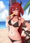  1girl absurdres arknights arm_strap armpits bare_shoulders beach bikini black_bikini black_choker breasts choker cleavage collarbone cowboy_shot day food halterneck hand_up highres holding horns kurisu-kun long_hair looking_at_viewer medium_breasts navel o-ring o-ring_bikini o-ring_bottom o-ring_top outdoors parted_lips popsicle purple_eyes red_hair solo standing stomach string_bikini surtr_(arknights) swimsuit very_long_hair wet wristband 