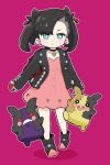  1girl :d asymmetrical_hair backpack bag bangs black_choker black_footwear black_hair black_jacket black_nails blue_eyes blush boots choker closed_mouth collarbone commentary_request dress earrings full_body hair_ribbon hitomiz holding holding_poke_ball jacket jewelry long_sleeves looking_at_viewer marnie_(pokemon) morpeko morpeko_(full) morpeko_(hangry) nail_polish open_clothes open_jacket pink_dress poke_ball poke_ball_(basic) pokemon pokemon_(creature) pokemon_(game) pokemon_swsh purple_background red_ribbon ribbon shadow sleeves_past_wrists smile teeth twintails upper_teeth 