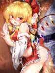  1boy 1girl ascot bangs bare_shoulders belt blonde_hair blue_belt blue_kimono blue_shirt blush bow breasts censored collar collared_shirt cosplay detached_sleeves eyebrows_visible_through_hair eyes_visible_through_hair fang flandre_scarlet frills hair_between_eyes hair_bow hair_ornament hair_tubes hakurei_reimu hakurei_reimu_(cosplay) hands_up heart hetero highres japanese_clothes kimono long_sleeves looking_at_another marukyuu_ameya medium_breasts miko miniskirt mosaic_censoring nail_polish no_hat no_headwear nose_blush open_mouth panties penis ponytail red_bow red_eyes red_heart red_nails red_shirt red_skirt ribbon-trimmed_sleeves ribbon_trim shadow shirt short_hair skin_fang skirt solo_focus standing tongue touhou underwear wall white_panties white_sleeves wide_sleeves yellow_ascot 