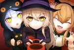  3girls absurdres animal_costume bangs black_cat blonde_hair blue_hair blunt_bangs blush cat cat_costume closed_eyes closed_mouth costume eyebrows_visible_through_hair fangs girls&#039;_frontline green_eyes guchagucha halloween halloween_costume hat headband heckler_&amp;_koch highres hk416_(girls&#039;_frontline) long_hair looking_at_viewer multiple_girls open_mouth scar scar_across_eye scar_on_face simple_background smile teardrop_tattoo trick_or_treat ump45_(girls&#039;_frontline) ump9_(girls&#039;_frontline) witch witch_hat yellow_eyes younger 