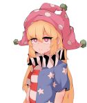  1girl american_flag_dress blonde_hair bright_pupils clownpiece doro_au hair_between_eyes hat highres jester_cap long_hair neck_ruff pink_eyes pink_headwear polka_dot short_sleeves simple_background solo star_(symbol) star_print striped sweatdrop thick_eyebrows touhou upper_body very_long_hair white_background 