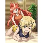  2girls akatsuki_kirika amou_kanade artist_request bed black_tank_top blonde_hair blush breasts closed_eyes green_eyes grin hair_ornament indoors long_hair massage medium_breasts multiple_girls official_art on_bed one_eye_closed open_mouth orange_tank_top plant potted_plant red_hair senki_zesshou_symphogear senki_zesshou_symphogear_xd_unlimited shiny shiny_hair shorts smile tank_top x_hair_ornament yellow_shorts 