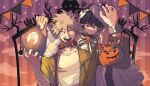  2boys ;) angry animal_collar animal_ears arm_up bakugou_katsuki bangs belt black_nails blonde_hair boku_no_hero_academia bow bowtie brown_background chain chained collar commentary_request freckles ghost_costume gloves green_bow green_bowtie green_eyes green_hair halloween halloween_bucket halloween_costume hands_up hat highres holding holding_chain lamp leash long_sleeves male_focus midoriya_izuku mini_hat modo_(modo_s2) multiple_boys nail_polish official_alternate_costume one_eye_closed open_mouth purple_background red_eyes shirt short_hair smile spiked_hair striped striped_background teeth torn_clothes torn_shirt white_bow white_bowtie witch_hat wolf_ears 