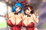  2girls animal_ears ayana_(liberty_manurung) bangs bare_shoulders black_bow black_bowtie blue_hair blunt_bangs blurry blurry_background blush borrowed_character bow bowtie breasts brown_hair cleavage covered_navel detached_collar erkaz fake_animal_ears hand_on_another&#039;s_hip hand_up highres huge_breasts leotard medium_hair multiple_girls open_mouth original playboy_bunny rabbit_ears red_eyes red_leotard rina_atherina smile upper_body v wrist_cuffs 