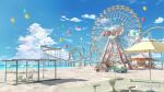  absurdres amusement_park artist_name balloon beach bench blue_sky chinese_commentary chinese_text cloud commentary_request cup day ground_vehicle highres moonslanstudio motor_vehicle no_humans ocean original sand scenery shade sky stool sunlight table umbrella van 
