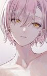  1girl bangs collarbone eyelashes facing_viewer hair_over_one_eye highres jack_jeanne looking_away magako nude parted_lips pink_hair portrait short_hair simple_background solo tachibana_kisa yellow_eyes 