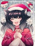  1girl animal_ears bangs black_hair bone cheer_(cheer) cheer_(cheerkitty14) danganronpa_(series) danganronpa_v3:_killing_harmony dog_ears eyebrows_visible_through_hair facing_viewer gradient gradient_background gradient_hair grey_background grey_hair hair_ornament happy hat highres holding holding_sack keebo long_hair long_sleeves multicolored_hair open_mouth original red_headwear red_sweater sack santa_hat smile sweater upper_body white_nails 
