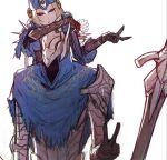  1boy 1girl armor artorias_the_abysswalker blonde_hair blue_cape cape dark_souls_(series) dark_souls_i gauntlets height_difference helmet lord&#039;s_blade_ciaran mask shazhiqiao shoulder_armor sword torn_cape torn_clothes v weapon 