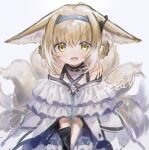  1girl :d animal_ear_fluff animal_ears arknights bangs bare_shoulders black_gloves blonde_hair blue_hairband blush braid brown_eyes commentary_request eyebrows_visible_through_hair fox_ears fox_girl fox_tail frilled_skirt frills gloves gradient gradient_background grey_background hair_between_eyes hair_rings hairband highres kyuubi looking_at_viewer multicolored_hair multiple_tails purple_skirt shirt signature single_glove skirt smile solo suzuran_(arknights) syukonbu tail twin_braids two-tone_hair white_background white_hair white_shirt 