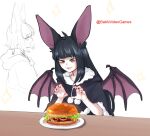  2girls :d animal_ears bangs bat_ears bat_wings black_capelet black_hair black_nails blunt_bangs burger capelet commentary commission eyebrows_visible_through_hair fangs food from_side fur_trim grey_background half-closed_eyes highres hood hood_down indie_virtual_youtuber long_hair moriko_kyoho multiple_girls nail_polish popopoka shiny shiny_hair short_hair simple_background smile wings 