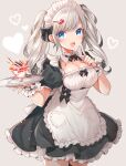  1girl :d apron black_bow black_bowtie black_dress blue_eyes blush bow bowtie breasts brooch cleavage commentary cowboy_shot detached_collar dress food frills hair_bow hair_ornament hairclip heart heart_hair_ornament jewelry large_breasts long_hair looking_at_viewer maid maid_apron maid_headdress original parfait pocky shione_(memento_forest) short_dress sidelocks simple_background smile solo tray twintails white_apron white_hair 