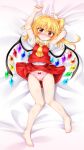  1girl absurdres arms_up ascot bangs barefoot bed blonde_hair blush bow bow_panties breasts buttons closed_mouth collar collared_shirt crystal eyebrows_visible_through_hair eyes_visible_through_hair flandre_scarlet hair_between_eyes hands_up highres jewelry looking_at_viewer lying marukyuu_ameya medium_breasts multicolored_wings no_hat no_headwear one_side_up panties pink_nails pink_panties pussy_juice red_bow red_eyes red_skirt red_vest shirt short_sleeves skirt smile solo sweat touhou underwear vest white_shirt white_sleeves wings yellow_ascot 