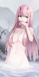  1girl bangs blue_eyes breasts cleavage collarbone commentary completely_nude darling_in_the_franxx fish fog gnns hair_censor hand_to_own_mouth highres horns large_breasts long_hair looking_to_the_side navel nude oni_horns outdoors partially_submerged pink_hair red_horns rock solo standing water zero_two_(darling_in_the_franxx) 