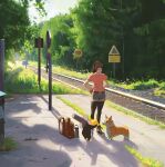  1girl absurdres bird brown_hair dog hat highres original outdoors penguin ponytail railroad_tracks scenery sign snatti summer top_hat train_station_platform tree welsh_corgi 