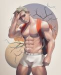  1boy abs arm_hair backpack bag bara blonde_hair blue_eyes boxers closed_mouth commentary english_commentary hand_on_own_head highres large_pectorals looking_at_viewer male_focus male_underwear muscular muscular_male navel nerdyart1 nipples original pectorals short_hair smile solo thick_eyebrows thick_thighs thighs topless_male underwear white_male_underwear 