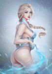 1girl absurdres adapted_costume armlet artist_name ass bare_shoulders blonde_hair blondynkitezgraja blue_eyes blue_leotard braid breasts elsa_(frozen) eyelashes frozen_(disney) highleg highleg_leotard highres ice leotard lips long_hair looking_at_viewer looking_back magic medium_breasts parted_lips photoshop_(medium) red_lips revealing_clothes revision see-through sideboob single_braid snow snowflakes solo thighhighs thong_leotard white_legwear wind 