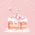  1girl alternate_color ascot blonde_hair cake collared_shirt dish dress food fork hair_ribbon holding holding_fork minigirl moeha216 pink_background pink_dress pink_eyes pink_ribbon ribbon rumia shirt short_hair sitting solo touhou white_shirt 