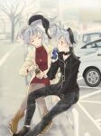  2girls ahoge artist_name beige_jacket belt belt_collar between_legs black_footwear black_hair black_jacket black_nails black_pants boots brown_footwear can canned_coffee car closed_eyes collar commentary dated dress drinking dual_persona emu_(marico_w) facing_another flower_(vocaloid) full_body grey_hair ground_vehicle hand_between_legs high_heel_boots high_heels highres holding holding_can jacket jewelry long_hair motor_vehicle multicolored_hair multiple_girls nail_polish necklace opening_can outdoors pants pantyhose parking_lot ponytail red_dress shoes sitting smile sneakers streaked_hair tree twitter_username two-tone_hair v_flower_(vocaloid4) vocaloid watermark 